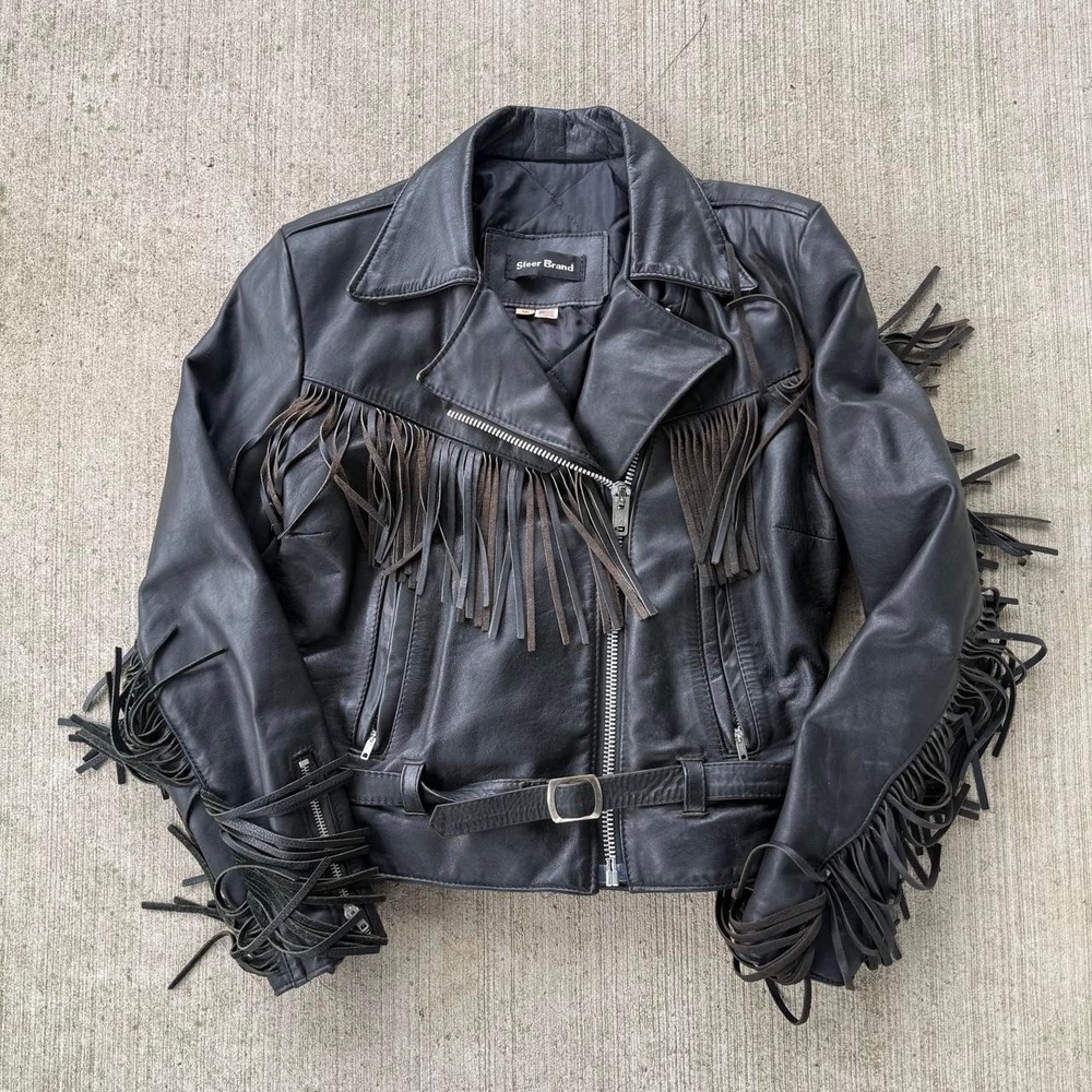 Vintage 80s Steerhide Fringe Leather Zip Up Biker Jacket Made in USA 16